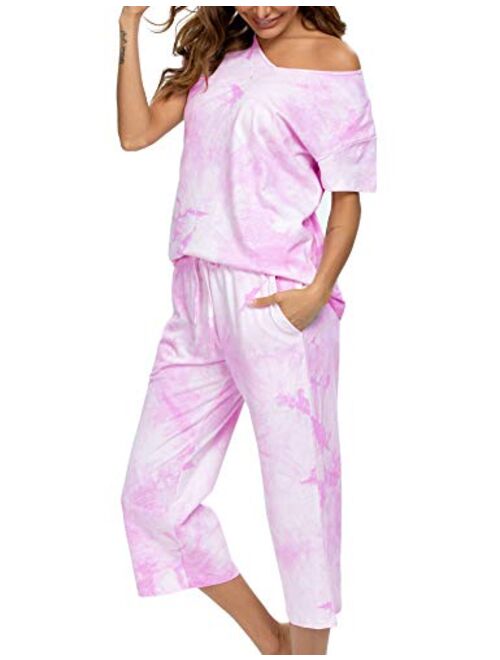 ENJOYNIGHT Women's Tie Dye Printed ounge Pajama Sets Sleepwear Top with Capri Pants