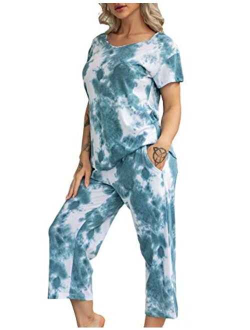 ENJOYNIGHT Women's Tie Dye Printed ounge Pajama Sets Sleepwear Top with Capri Pants