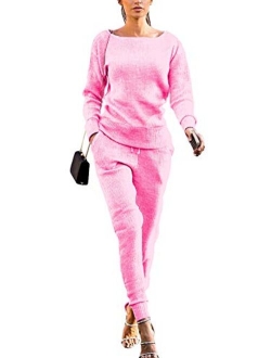 Womens Fall Rib-Knit Long Sleeve Pullover Sweater Top Drawstring Long Pants knitted lounge set