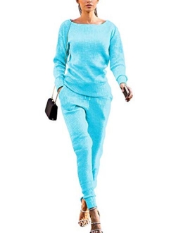 Womens Fall Rib-Knit Long Sleeve Pullover Sweater Top Drawstring Long Pants knitted lounge set