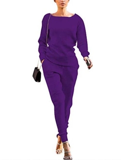 Womens Fall Rib-Knit Long Sleeve Pullover Sweater Top Drawstring Long Pants knitted lounge set