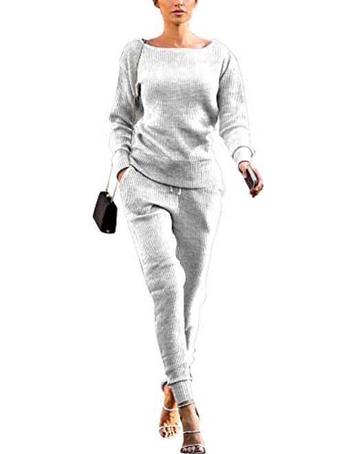 Womens Fall Rib-Knit Long Sleeve Pullover Sweater Top Drawstring Long Pants knitted lounge set