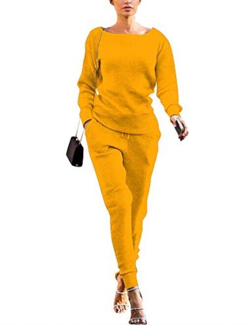 Womens Fall Rib-Knit Long Sleeve Pullover Sweater Top Drawstring Long Pants knitted lounge set