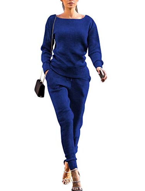 Womens Fall Rib-Knit Long Sleeve Pullover Sweater Top Drawstring Long Pants knitted lounge set