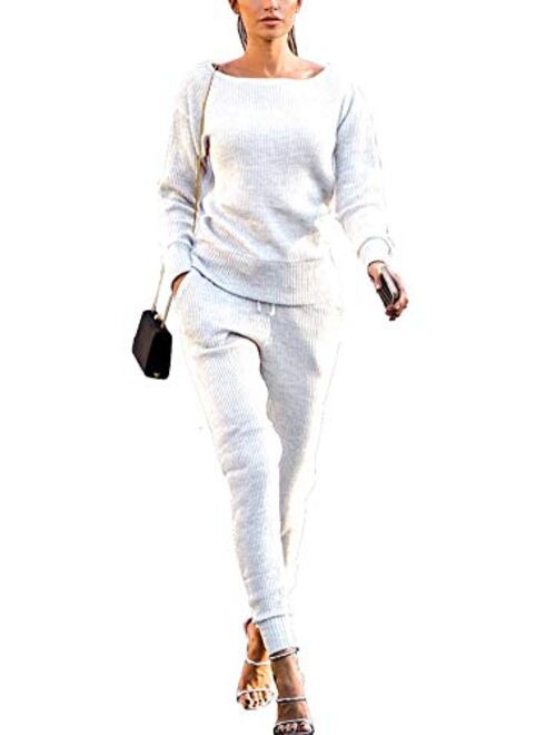 Womens Fall Rib-Knit Long Sleeve Pullover Sweater Top Drawstring Long Pants knitted lounge set