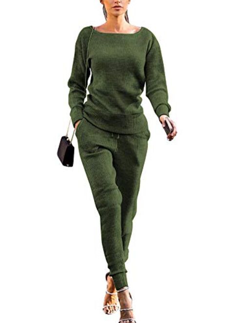 Womens Fall Rib-Knit Long Sleeve Pullover Sweater Top Drawstring Long Pants knitted lounge set