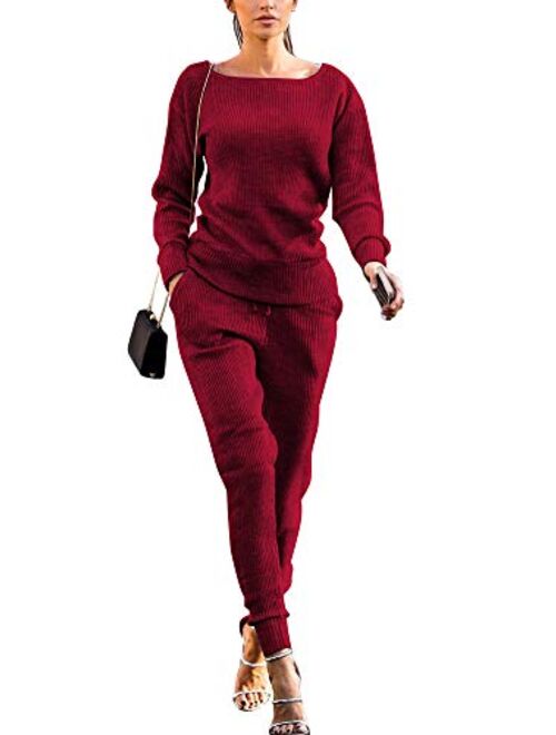 Womens Fall Rib-Knit Long Sleeve Pullover Sweater Top Drawstring Long Pants knitted lounge set