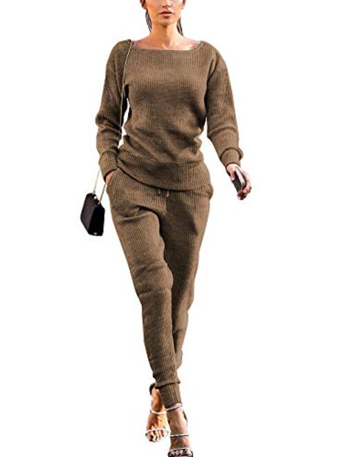 Womens Fall Rib-Knit Long Sleeve Pullover Sweater Top Drawstring Long Pants knitted lounge set