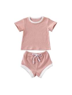 CandyTT Newborn Baby Girl Shorts Set Infant Ribbed Cotton Short Sleeve Shirt + Bloomers knitted lounge set 2 Pieces Summer Clothes Outfits