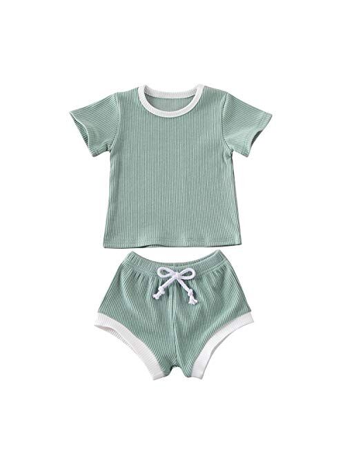 CandyTT Newborn Baby Girl Shorts Set Infant Ribbed Cotton Short Sleeve Shirt + Bloomers knitted lounge set 2 Pieces Summer Clothes Outfits