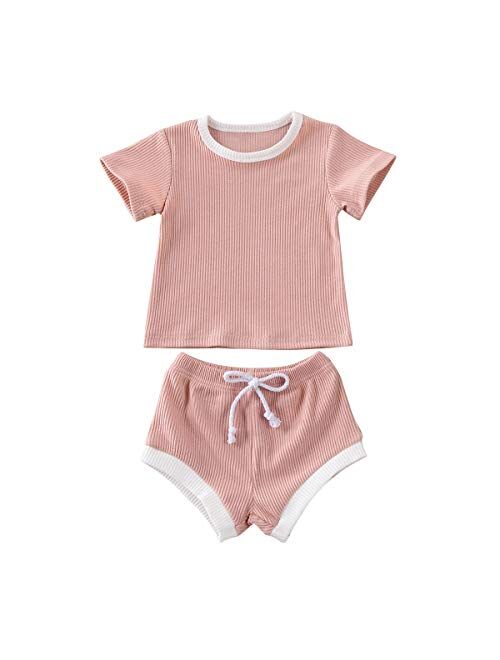 CandyTT Newborn Baby Girl Shorts Set Infant Ribbed Cotton Short Sleeve Shirt + Bloomers knitted lounge set 2 Pieces Summer Clothes Outfits