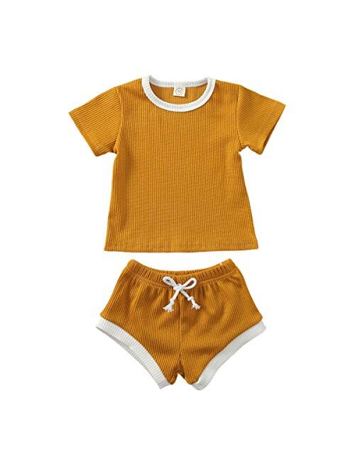 CandyTT Newborn Baby Girl Shorts Set Infant Ribbed Cotton Short Sleeve Shirt + Bloomers knitted lounge set 2 Pieces Summer Clothes Outfits