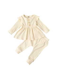 Casual Toddler Girls Clothes Plain Long Sleeves Ruffle Top Pants Outfit knitted lounge set