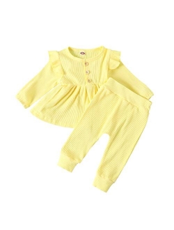 Casual Toddler Girls Clothes Plain Long Sleeves Ruffle Top Pants Outfit knitted lounge set