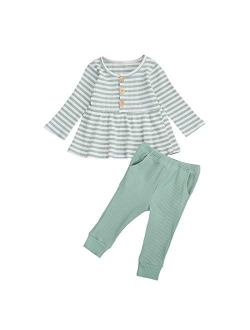 Casual Toddler Girls Clothes Plain Long Sleeves Ruffle Top Pants Outfit knitted lounge set