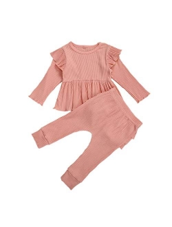 Casual Toddler Girls Clothes Plain Long Sleeves Ruffle Top Pants Outfit knitted lounge set