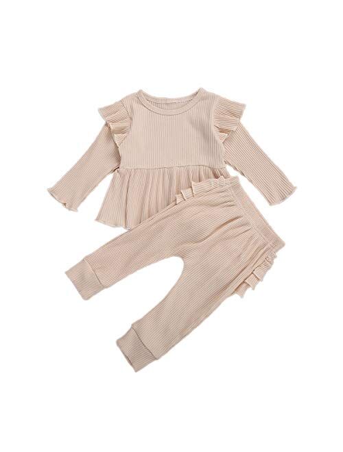 Casual Toddler Girls Clothes Plain Long Sleeves Ruffle Top Pants Outfit knitted lounge set