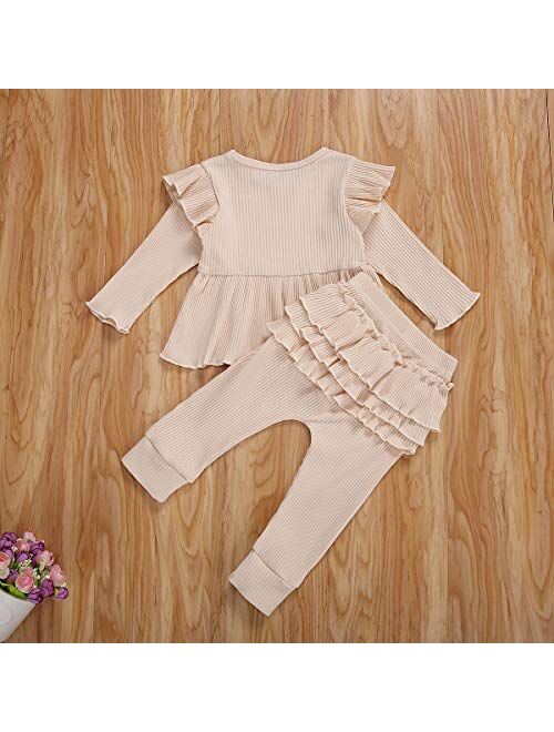 Casual Toddler Girls Clothes Plain Long Sleeves Ruffle Top Pants Outfit knitted lounge set