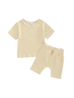 2PCS Baby Boys Girls Ribbed Outfits Stripe Casual T-Shirt Top + Pant Toddler Unisex Cotton knitted lounge Clothes Set