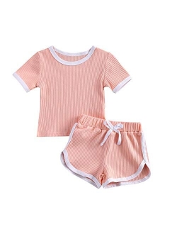 2PCS Baby Boys Girls Ribbed Outfits Stripe Casual T-Shirt Top + Pant Toddler Unisex Cotton knitted lounge Clothes Set