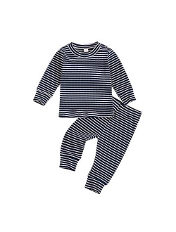 2PCS Baby Boys Girls Ribbed Outfits Stripe Casual T-Shirt Top + Pant Toddler Unisex Cotton knitted lounge Clothes Set