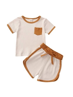 2PCS Baby Boys Girls Ribbed Outfits Stripe Casual T-Shirt Top + Pant Toddler Unisex Cotton knitted lounge Clothes Set