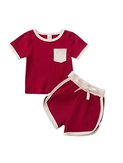 2PCS Baby Boys Girls Ribbed Outfits Stripe Casual T-Shirt Top + Pant Toddler Unisex Cotton knitted lounge Clothes Set