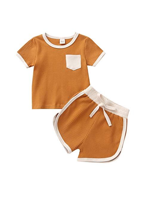 2PCS Baby Boys Girls Ribbed Outfits Stripe Casual T-Shirt Top + Pant Toddler Unisex Cotton knitted lounge Clothes Set