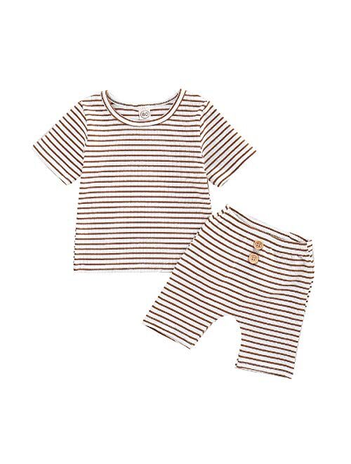 2PCS Baby Boys Girls Ribbed Outfits Stripe Casual T-Shirt Top + Pant Toddler Unisex Cotton knitted lounge Clothes Set