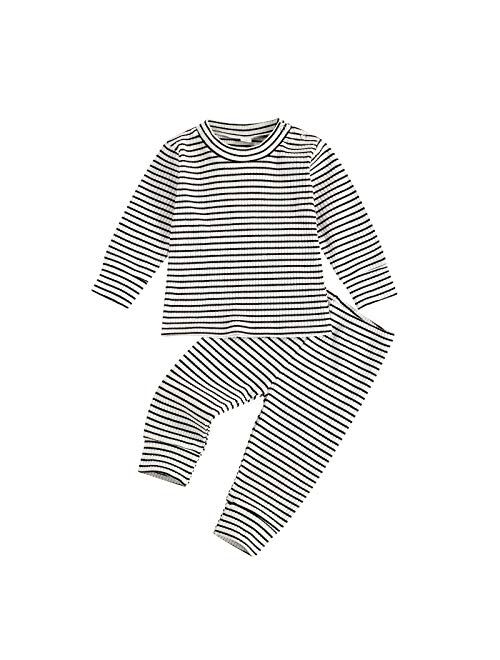 2PCS Baby Boys Girls Ribbed Outfits Stripe Casual T-Shirt Top + Pant Toddler Unisex Cotton knitted lounge Clothes Set