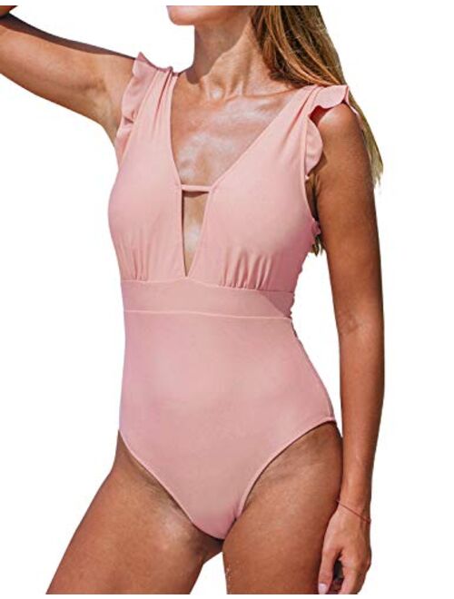 CUPSHE Women's V Neck Pink Ruffles One Piece Swimsuit