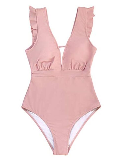 CUPSHE Women's V Neck Pink Ruffles One Piece Swimsuit