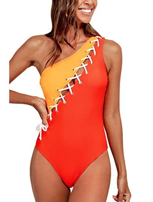 CUPSHE Women's Colorblock One Shoulder Lace Up One Piece Swimsuit