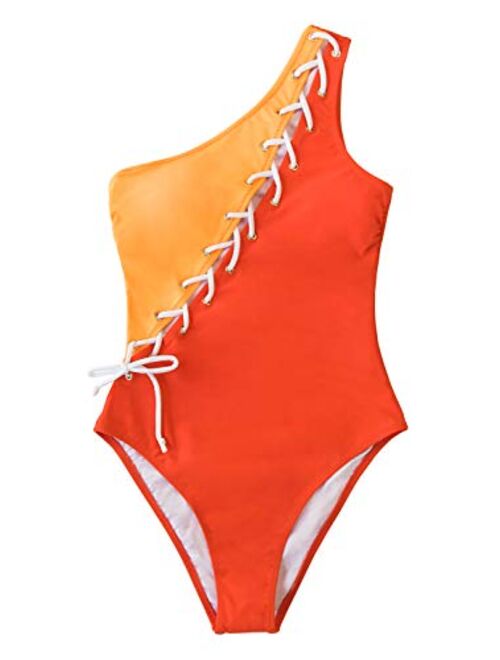 CUPSHE Women's Colorblock One Shoulder Lace Up One Piece Swimsuit