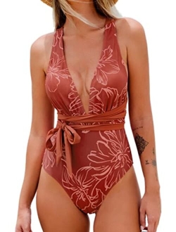 Womens One Piece Swimsuit Sexy Deep V Neck Solid Red Bathing Suit