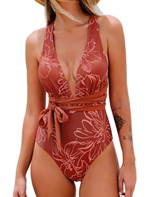 CUPSHE Women’s One Piece Swimsuit Sexy Deep V Neck Solid Red Bathing Suit