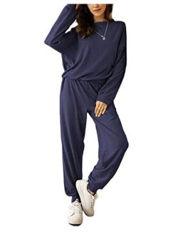 Fessceruna Womens Pajama Sets Long Sleeve Round Neck Top and Pants knitted lounge set