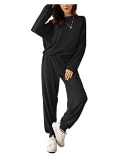 Fessceruna Womens Pajama Sets Long Sleeve Round Neck Top and Pants knitted lounge set