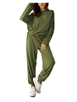 Fessceruna Womens Pajama Sets Long Sleeve Round Neck Top and Pants knitted lounge set