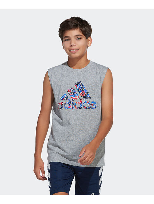 Adidas Gray & Red Patchwork Logo Sleeveless Tee - Boys