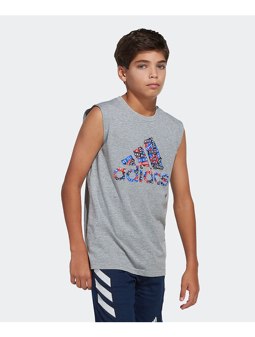 Adidas Gray & Red Patchwork Logo Sleeveless Tee - Boys