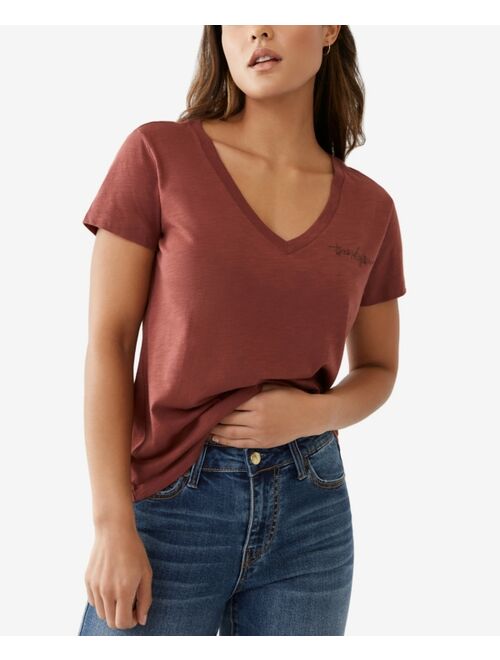 True Religion Women's Crystal Caviar Short Sleeve V Neck Tee