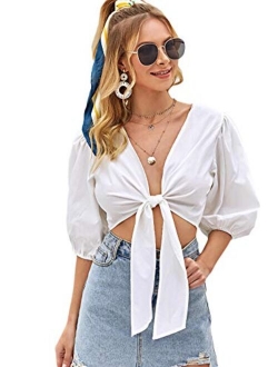 Women's Sexy Tie Front Crop Top Deep V Neck Puff Short Sleeve Casual Blouse Shirt