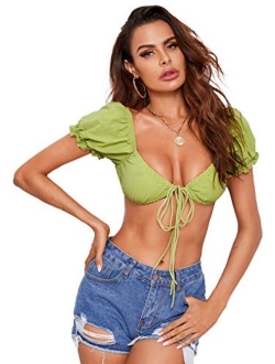 Women's Sexy Tie Front Crop Top Deep V Neck Puff Short Sleeve Casual Blouse Shirt