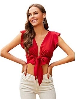 Women's Sexy Tie Front Crop Top Deep V Neck Puff Short Sleeve Casual Blouse Shirt