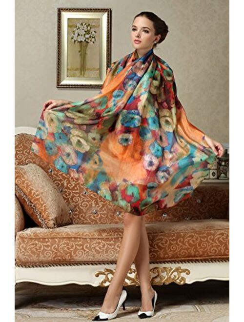 Women Fashion Silk Scarf Oblong Floral Oversize Soft Shawl Beach Wrap