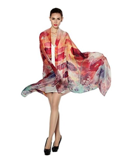 Women Fashion Silk Scarf Oblong Floral Oversize Soft Shawl Beach Wrap