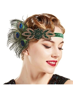 BABEYOND 1920s Flapper Peacock Feather Headband 20s Sequined Showgirl Headpiece (Style-4)