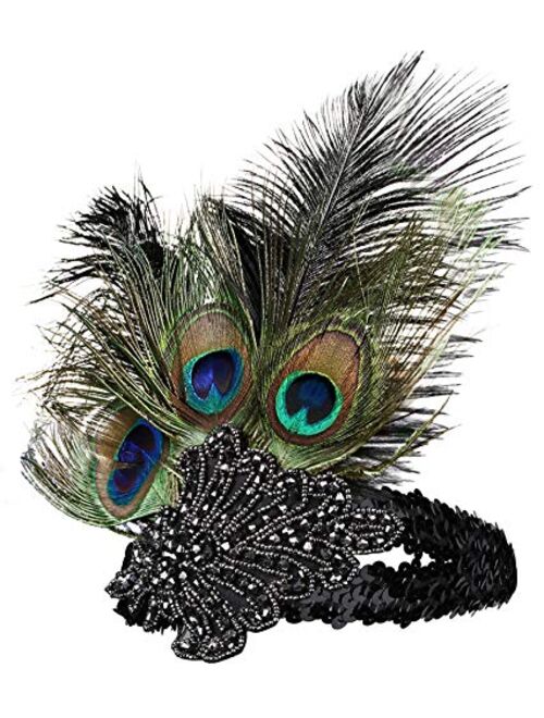 BABEYOND 1920s Flapper Peacock Feather Headband 20s Sequined Showgirl Headpiece (Style-4)