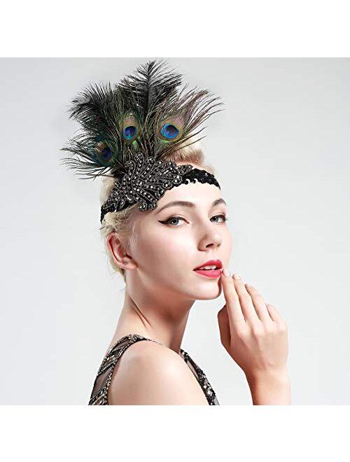 BABEYOND 1920s Flapper Peacock Feather Headband 20s Sequined Showgirl Headpiece (Style-4)